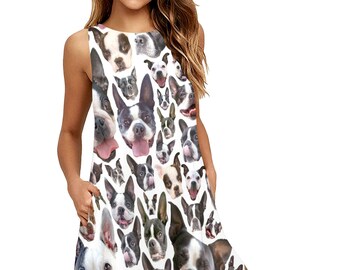 Boston Terrier Sleeveless Trapeze Dress - round neck flare dress with side pockets - Boston dog a-line dress - USA XS-3XL
