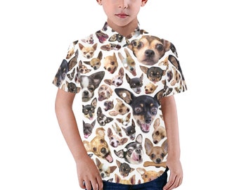 Chihuahua Dog Faces Kid's Shirt - casual button-down short sleeve with collar - child boy girl novelty chichi shirt - USA  XS - 2XL