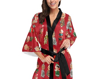 Vintage Elves Kimono Robe - women's Christmas elf print short kimono bath robe - USA XS-2XL