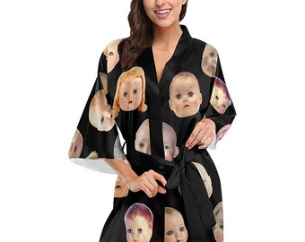 Doll Heads Kimono Robe - women's kimono creepy doll faces print - short kimono bath robe - USA XS-2XL