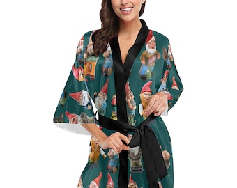 Garden Gnomes Kimono Robe - printed women's retro print short kimono bath robe - USA XS-2XL