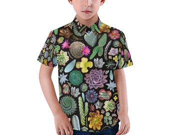 Succulent Design Kid's Shirt - casual button-down short sleeve with collar - child boy girl retro cactus fabric shirt - USA  XS - 2XL