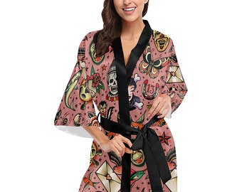 Vintage Tattoo Flash Kimono Robe - printed women's retro print short kimono bath robe - USA XS-2XL