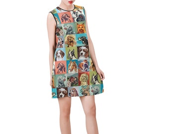 Paint by Number Dogs Sleeveless Dress - round neck shift dress - dog breeds fabric tunic - USA XS-2XL