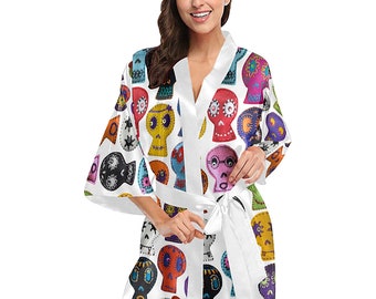 Sugar Skulls Kimono Robe - women's day of the dead print short kimono bath robe - USA XS-2XL