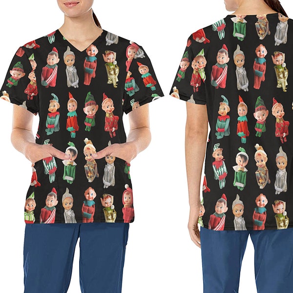Christmas Elves Elf Design Medical Scrub Top - Nurse Vet Midwife Dental Uniform - V neck polyester scrubs with deep pockets - XS - 4XL