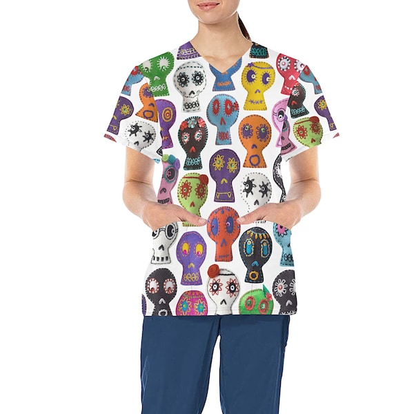 Sugar Skulls Medical Scrub Top - Nurse Vet Midwife Dental Uniform - V neck polyester scrubs with deep pockets - XS - 4XL