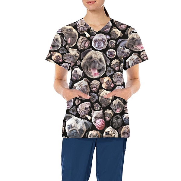 Pug Dog Design Medical Scrub Top - Nurse Vet Midwife Dental Uniform - V neck polyester scrubs with deep pockets - XS - 4XL