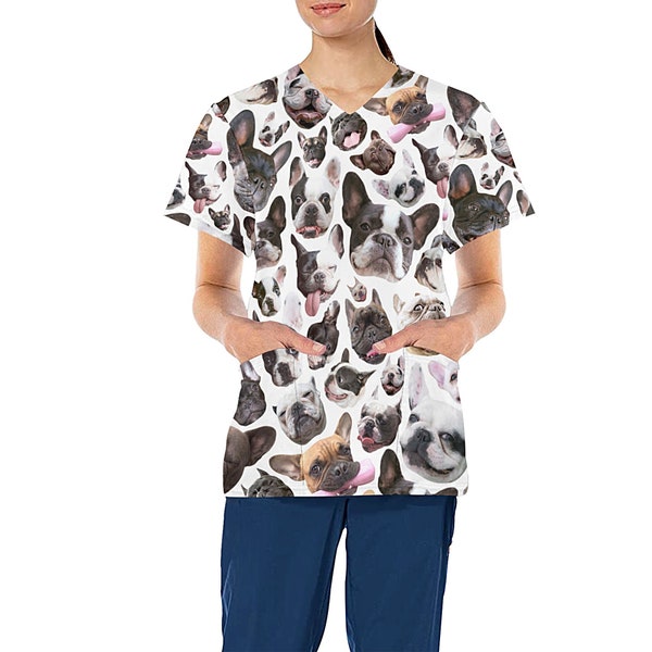 French Bulldog Design Medical Scrub Top - Nurse Vet Midwife Dental Uniform - V neck polyester scrubs with deep pockets - XS - 4XL