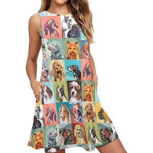 Paint by Number Dogs Sleeveless Trapeze Dress - round neck flare dress with side pockets - pbn dog fabric a-line dress