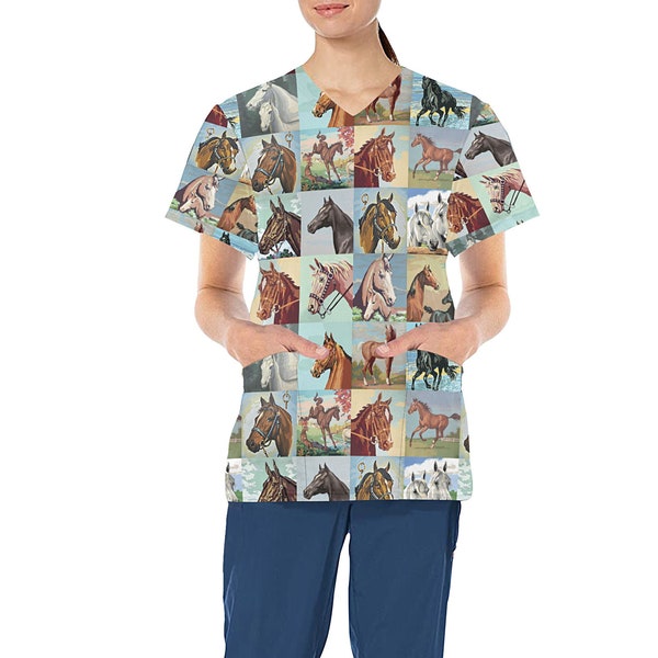 Paint by Number Horse Medical Scrub Top - Nurse Vet Midwife Dental Uniform - V neck polyester scrubs with deep pockets - XS - 4XL