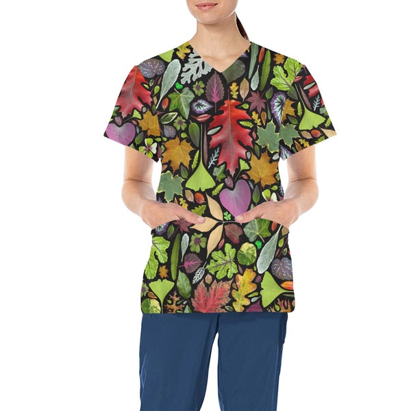 Leaf Design Medical Scrub Top - Nurse Vet Midwife Dental Uniform - V neck polyester scrubs with deep pockets - XS - 4XL