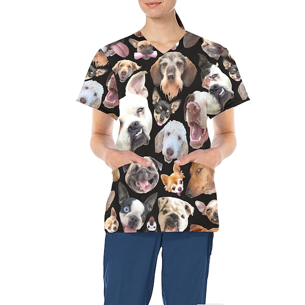 Dog Design Medical Scrub Top - Nurse Vet Midwife Dental Uniform - V neck polyester scrubs with deep pockets - XS - 2XL