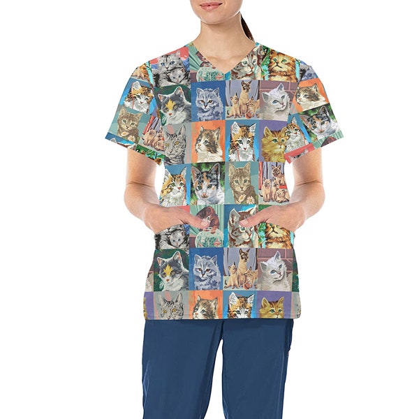 Paint by Number Cats Medical Scrub Top - Nurse Vet Midwife Dental Uniform - V neck polyester scrubs with deep pockets - XS - 4XL
