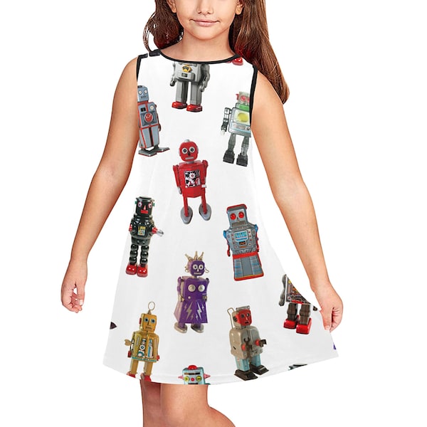 Robe pour enfant sans manches - robe à enfiler à col rond - tunique en tissu robot vintage - USA XS - XL taille fille enfant