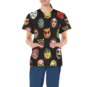 Vintage Halloween Masks Design Medical Scrub Top - Nurse Vet Midwife Dental Uniform - V neck polyester scrubs with deep pockets - XS - 4XL