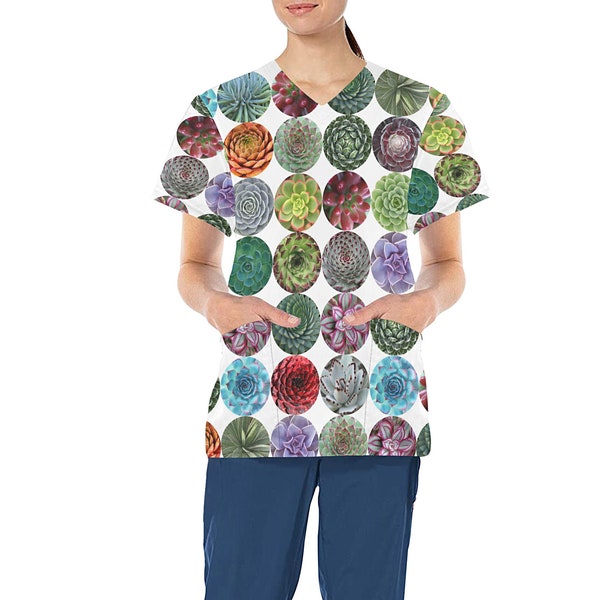 Succulent Design Medical Scrub Top - Nurse Vet Midwife Dental Uniform - V neck polyester scrubs with deep pockets - cactus cacti - XS - 4XL