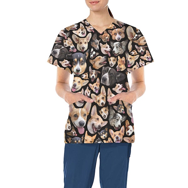Corgi Dog Design Medical Scrub Top - Nurse Vet Midwife Dental Uniform - V neck polyester scrubs with deep pockets - XS - 4XL