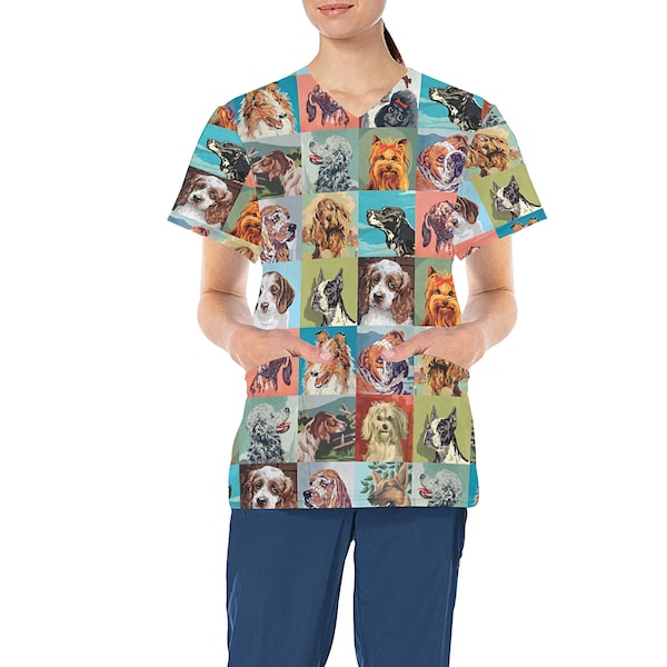 Paint by Number Dogs Medical Scrub Top - Nurse Vet Midwife Dental Uniform - V neck polyester scrubs with deep pockets - XS - 4XL