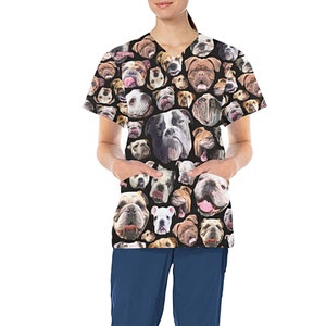 English Bulldog Design Medical Scrub Top - Nurse Vet Midwife Dental Uniform - V neck polyester scrubs with deep pockets - XS - 4XL