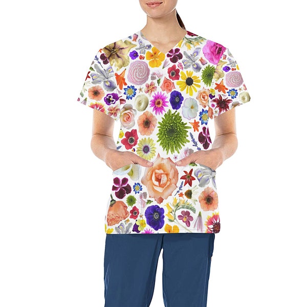 Flower Design Medical Scrub Top - Nurse Vet Midwife Dental Uniform - V neck polyester scrubs with deep pockets - XS - 4XL