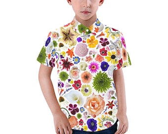 Floral Design Kid's Shirt - casual button-down short sleeve with collar - child boy girl colorful flower fabric shirt - USA  XS - 2XL