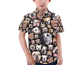 English Bulldog Dog Faces Kid's Shirt - casual button-down short sleeve with collar - child boy girl novelty Bullie shirt - USA  XS - 2XL