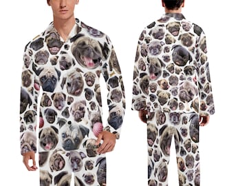 Men's Pug Pajamas Set (or Pants) - long-sleeve with collar and buttons - long pants with pockets - novelty pug dog pjs