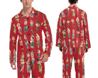 Men's Christmas Elves Pajamas Set (or Pants) - long-sleeve with collar and buttons - long pants with pockets - novelty elf pjs