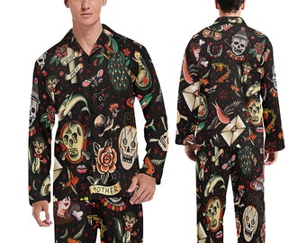 Men's Vintage Tattoo Flash Pajamas - Set or Pants - long-sleeve with collar and buttons - long pants with pockets