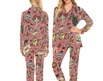 Women's Vintage Tattoo Flash Pajamas - Set or Pants - long-sleeve with collar and buttons - long pants with pockets
