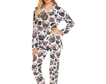 Women's Pug Pajamas Set (or Pants) - long-sleeve with collar and buttons - long pants with pockets - novelty pug dog pjs