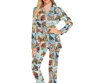 Women's Paint by Number Horses Pajamas Set (or Pants) - long-sleeve with collar and buttons - long pants with pockets