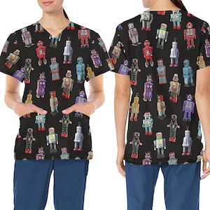 Vintage Robot Design Medical Scrub Top - Nurse Vet Midwife Dental Uniform - V neck polyester scrubs with deep pockets - XS - 4XL