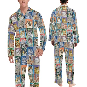 Men's Paint by Number Cats Pajamas Set (or Pants) - long-sleeve with collar and buttons - long pants with pockets