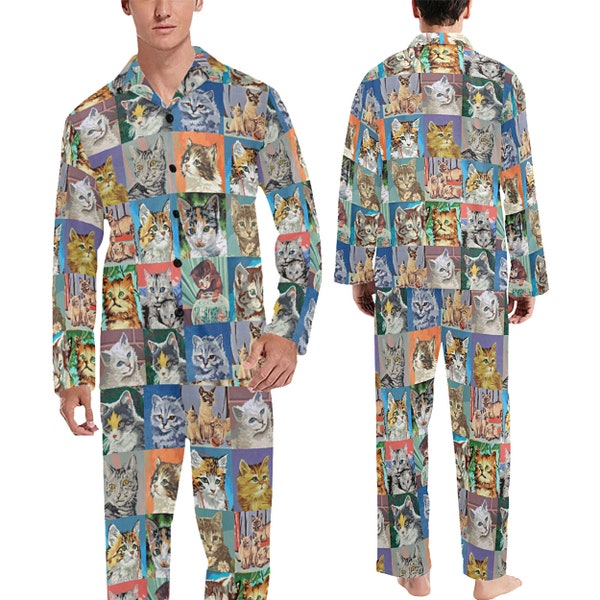 Ensemble pyjama (ou pantalon) Paint by Number Cats pour homme - manches longues avec col et boutons - pantalon long avec poches