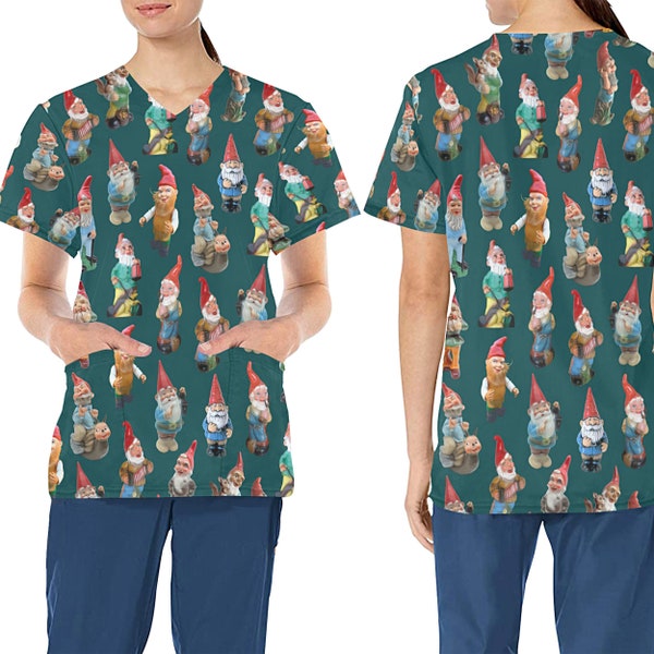 Garden Gnomes Design Medical Scrub Top - Nurse Vet Midwife Dental Uniform - V neck polyester scrubs with deep pockets - XS - 4XL