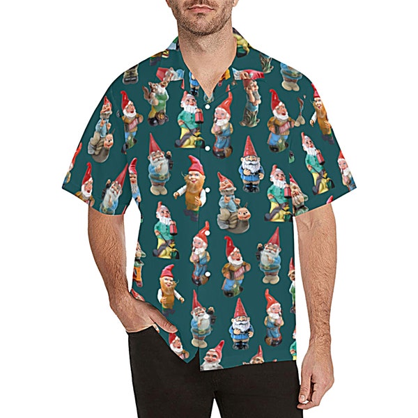 Vintage Gnomes Mens Shirt - casual button-down short sleeve with collar and chest pocket - novelty garden gnome shirt  - USA S-5XL