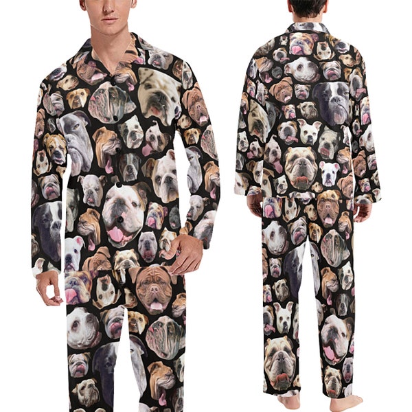 Men's English Bulldog Pajamas Set (or Pants) - long-sleeve with collar and buttons - long pants with pockets - novelty Bullie dog pjs