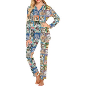 Women's Paint by Number Cats Pajamas Set or Pants long-sleeve with collar and buttons long pants with pockets image 1