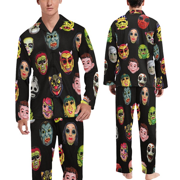 Vintage Halloween Men's Pajama Set (or pants) - long-sleeve with collar and buttons - long pants with pockets - retro Hallween masks