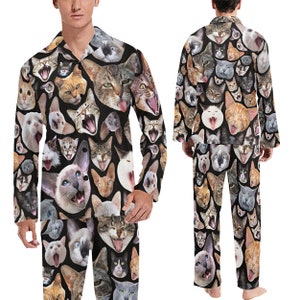 Men's Cats Pajamas Set (or Pants) - long-sleeve with collar and buttons - long pants - novelty cat pjs