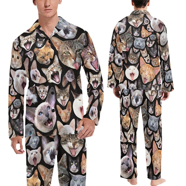 Ensemble pyjama (ou pantalon) pour chats pour hommes - manches longues avec col et boutons - pantalons longs - pyjamas pour chats fantaisie