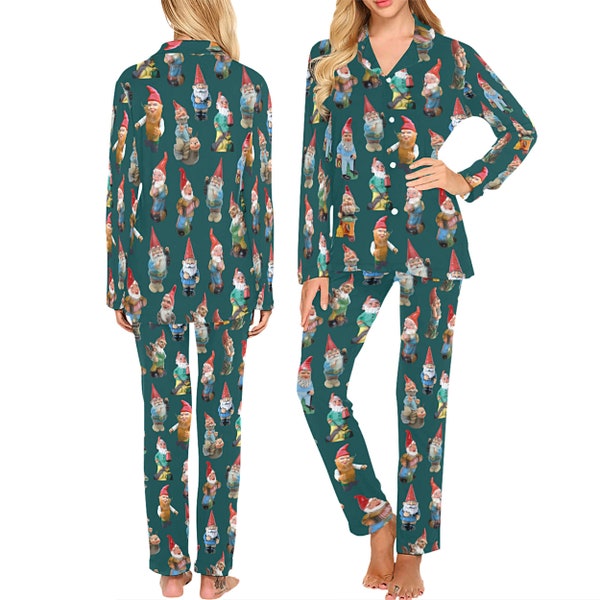 Women's Garden Gnome Pajamas Set (or Pants) - long-sleeve with collar and buttons - long pants with pockets - Christmas Gnome pjs