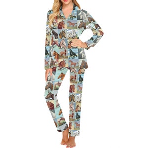 Women's Paint by Number Horses Pajamas Set or Pants long-sleeve with collar and buttons long pants with pockets image 1