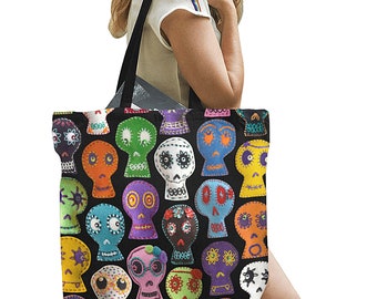 Day of the Dead Sugar Skull Canvas Tote Bag -  large novelty sugar skull photos shopping bag