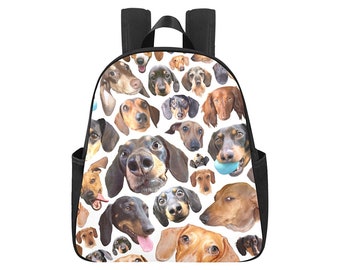Dachshund Backpack - multi pocket zippered backpack with funny wiener dog photos - waterproof and adjustable