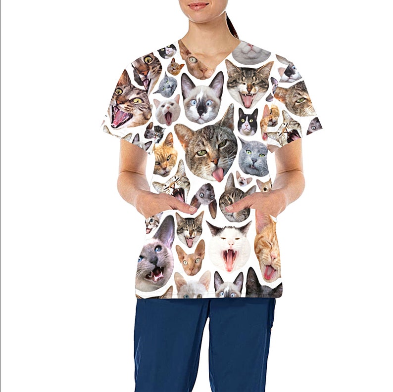 Cat Design Medical Scrub Top Nurse Vet Midwife Dental Uniform V neck polyester scrubs with deep pockets XS 4XL white