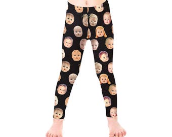 Kids Doll Head Leggings - vintage dollhead photo leggings - creepy cute - ankle length for children - black or white background