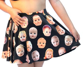 Creepy Doll Head Skater Skirt - printed mini skirt - photographic dollheads - black or white backgrounds - USA XS-3XL